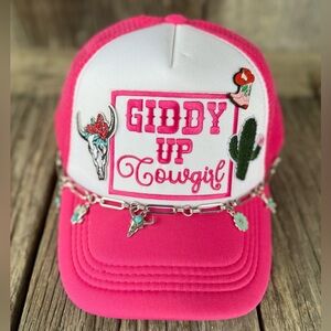 Pink Trucker Hat Giddy Up Cowgirl Longhorn Skull Cactus Patches Western Boot Pin